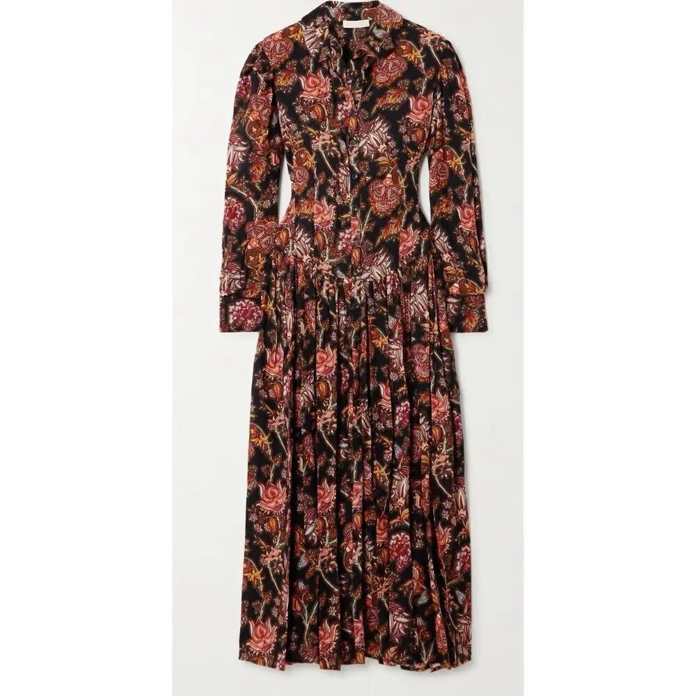 ULLA JOHNSON Celia Pleated Paisley-Print Wool-Blend Twill Midi Dress NWT Size 00